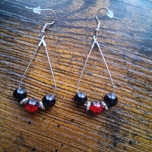 Handmade Silver-Tone Earrings with Red and Black Beads
